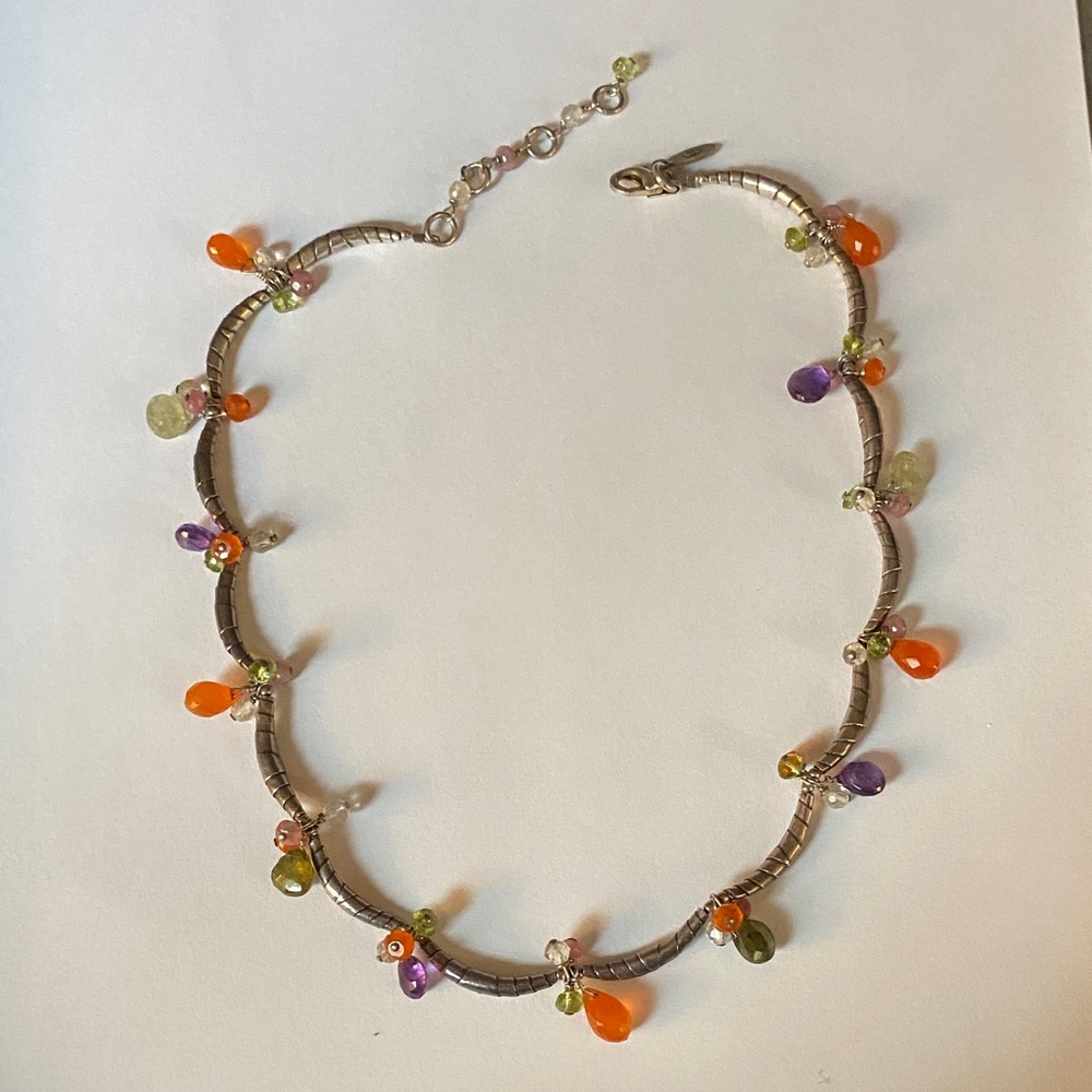 Sterling links + Multicolor Teardrop Gemstone Charm Necklace